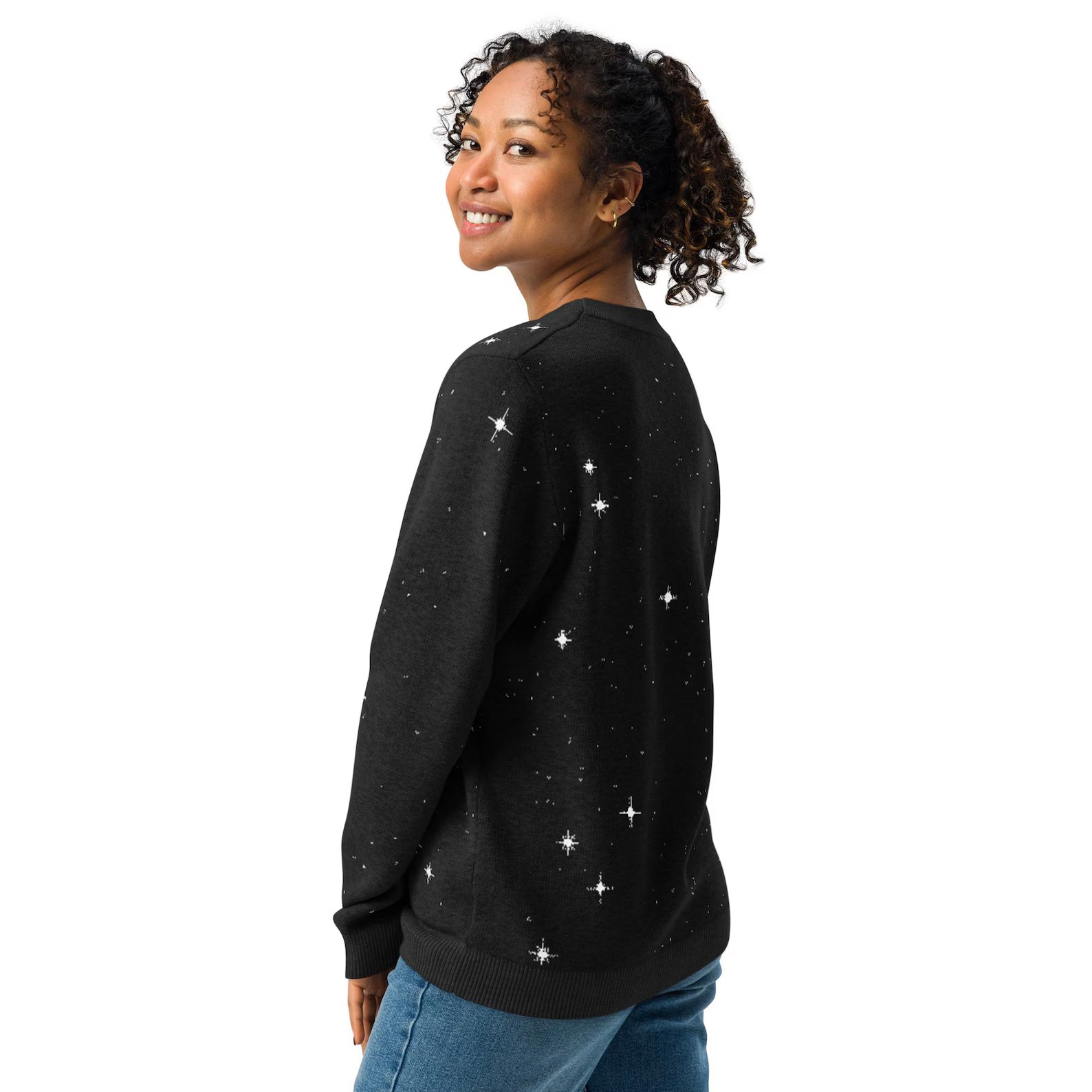 Pixel Stars Knitted Sweater: Retro Sci-Fi Space Crew Neck Galaxy Vintage