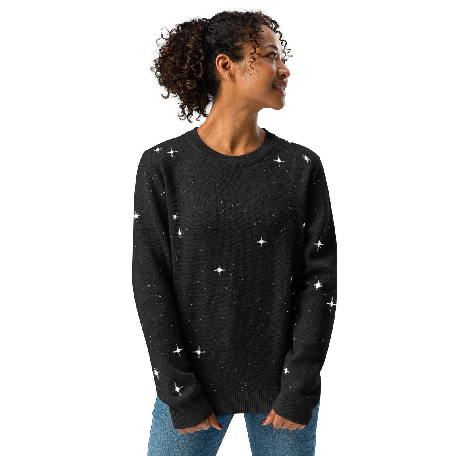 Pixel Stars Knitted Sweater: Retro Sci-Fi Space Crew Neck Galaxy Vintage