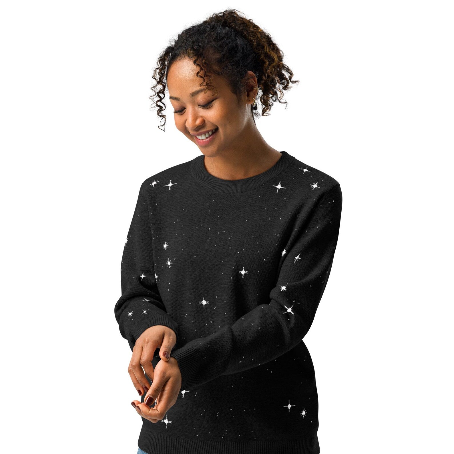 Pixel Stars Knitted Sweater: Retro Sci-Fi Space Crew Neck Galaxy Vintage