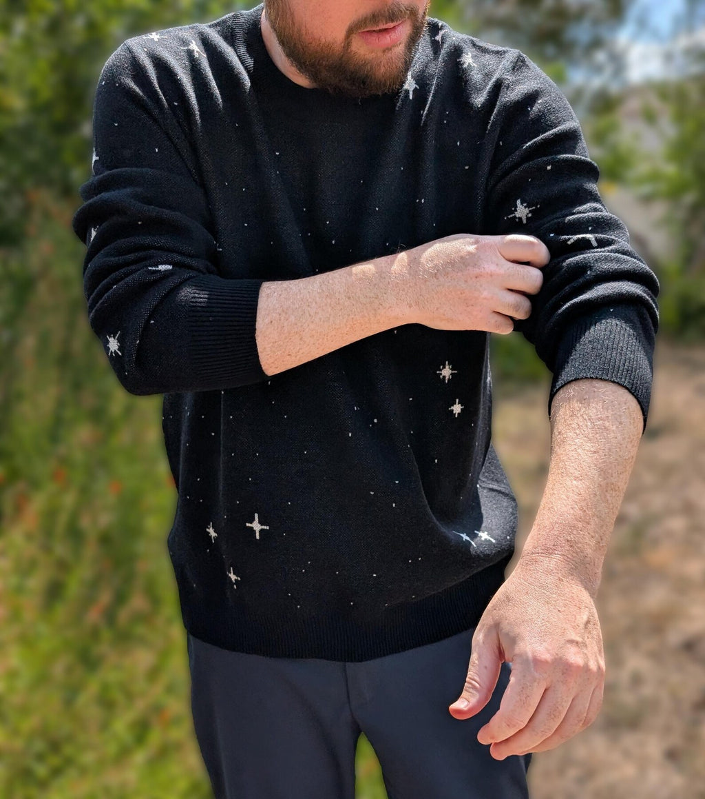 Pixel Stars Knitted Sweater: Retro Sci-Fi Space Crew Neck Galaxy Vintage